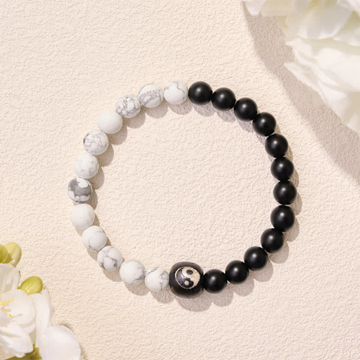 Buddha Stones Black Onyx White Turquoise Yin Yang Balance Round Bead Bracelet - image 13