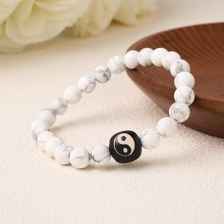 Buddha Stones Black Onyx White Turquoise Yin Yang Balance Round Bead Bracelet - image 12