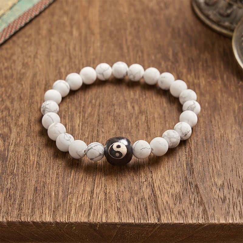 Buddha Stones Black Onyx White Turquoise Yin Yang Balance Round Bead Bracelet - image 3