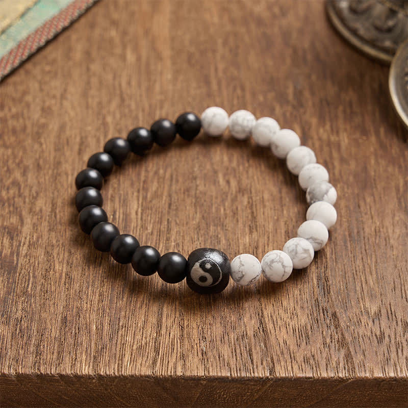 Buddha Stones Black Onyx White Turquoise Yin Yang Balance Round Bead Bracelet - image 4