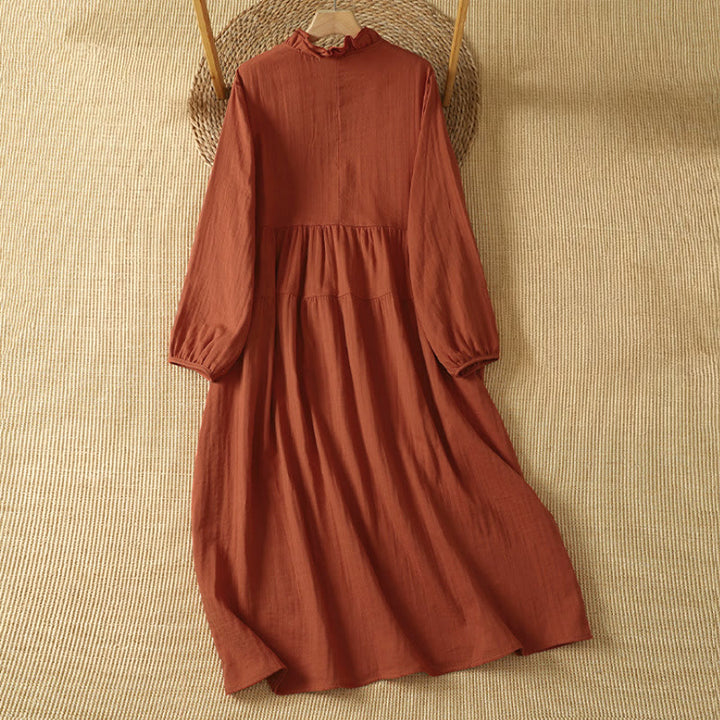 Buddha Stones Fall Vintage Boho Solid V-Neck Women's Long Sleeve Dress With Pocket - image 1