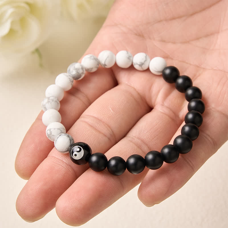 Buddha Stones Black Onyx White Turquoise Yin Yang Black Obsidian Round Bead Balance Bracelet - image 19