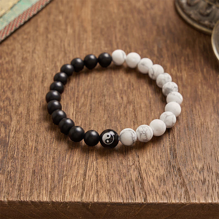 Buddha Stones Black Onyx White Turquoise Yin Yang Black Obsidian Round Bead Balance Bracelet - image 18