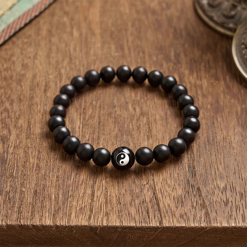 Buddha Stones Black Onyx White Turquoise Yin Yang Black Obsidian Round Bead Balance Bracelet - image 3