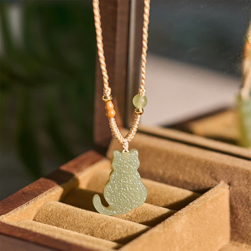 Buddha Stones Jade Cat Braided Cord Pendant Abundance Necklace - image 4