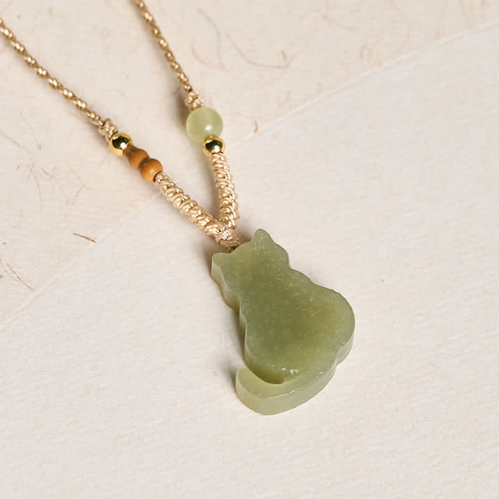 Buddha Stones Jade Cat Braided Cord Pendant Abundance Necklace - image 2