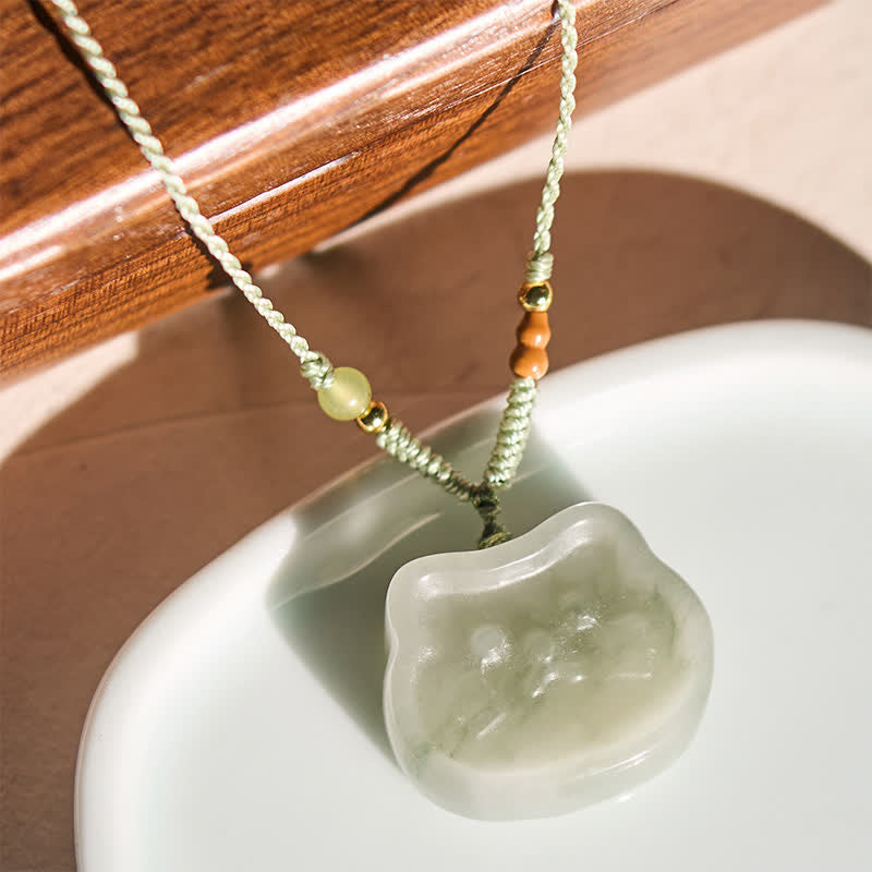 Buddha Stones Natural Jade Cat Harmony Hand-Woven Necklace - image 1