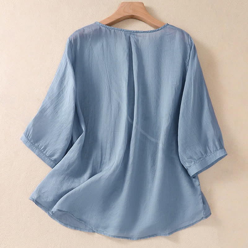 Buddha Stones Embroidered Flower Crew Neck Design Women's Half Sleeve Shirt - image 1