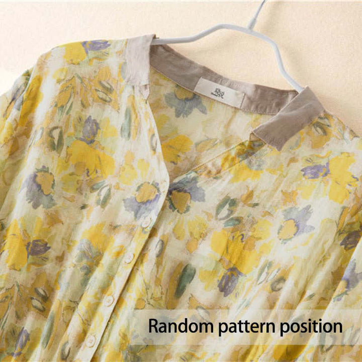 Buddha Stones Half Sleeve Color Contrast Floral Pattern Midi Dress With Pockets - image 15