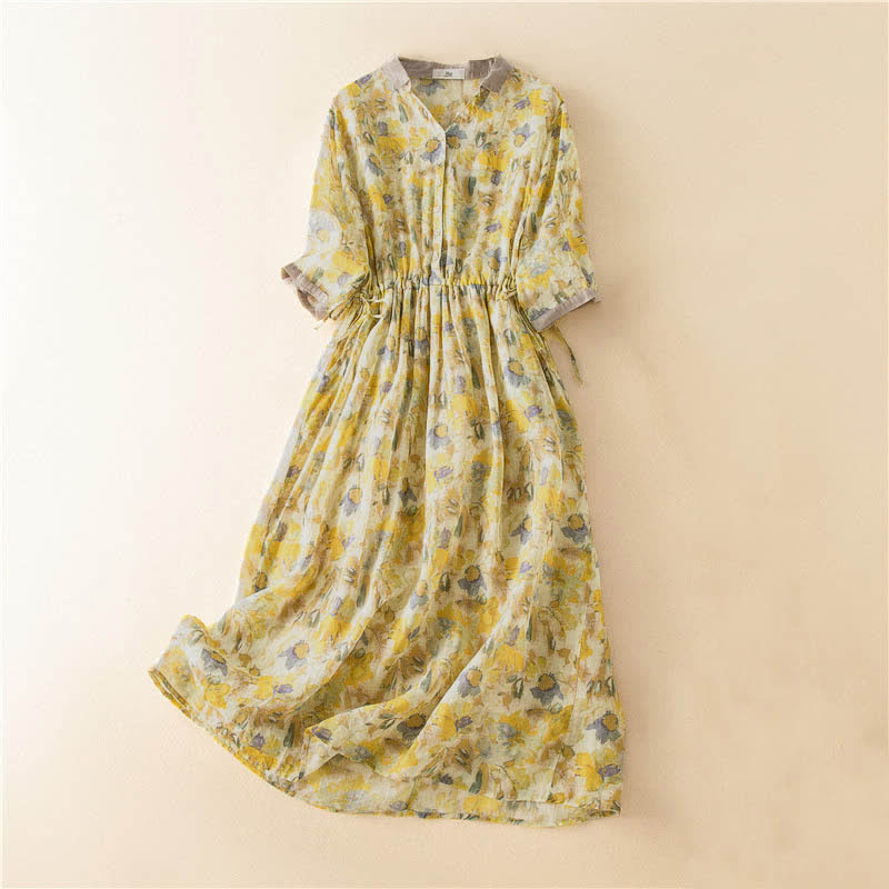 Buddha Stones Half Sleeve Color Contrast Floral Pattern Midi Dress With Pockets - Yellow - US12，UK/AU16，EU44 (3XL) - image 13