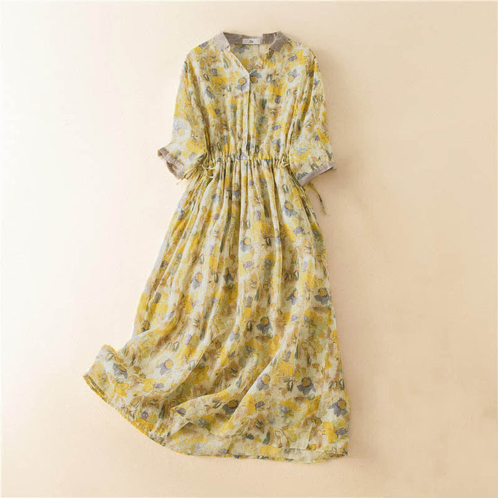 Buddha Stones Half Sleeve Color Contrast Floral Pattern Midi Dress With Pockets - Yellow - US12，UK/AU16，EU44 (3XL) - image 13