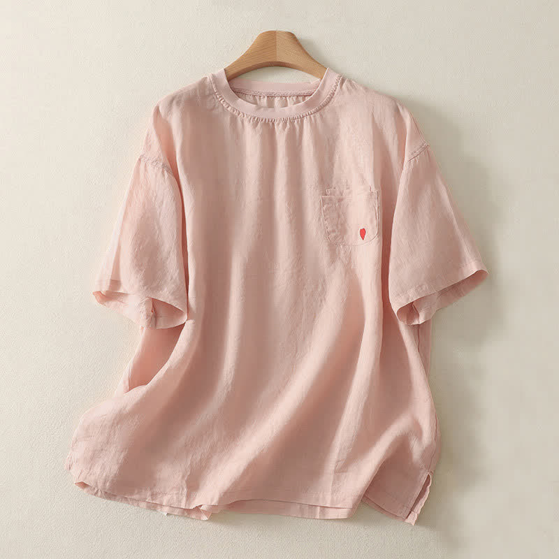 Buddha Stones Casual Embroidery Red Heart Short Sleeve Women's T-Shirt - Pink - US14，UK/AU18，EU46 (2XL) - image 0