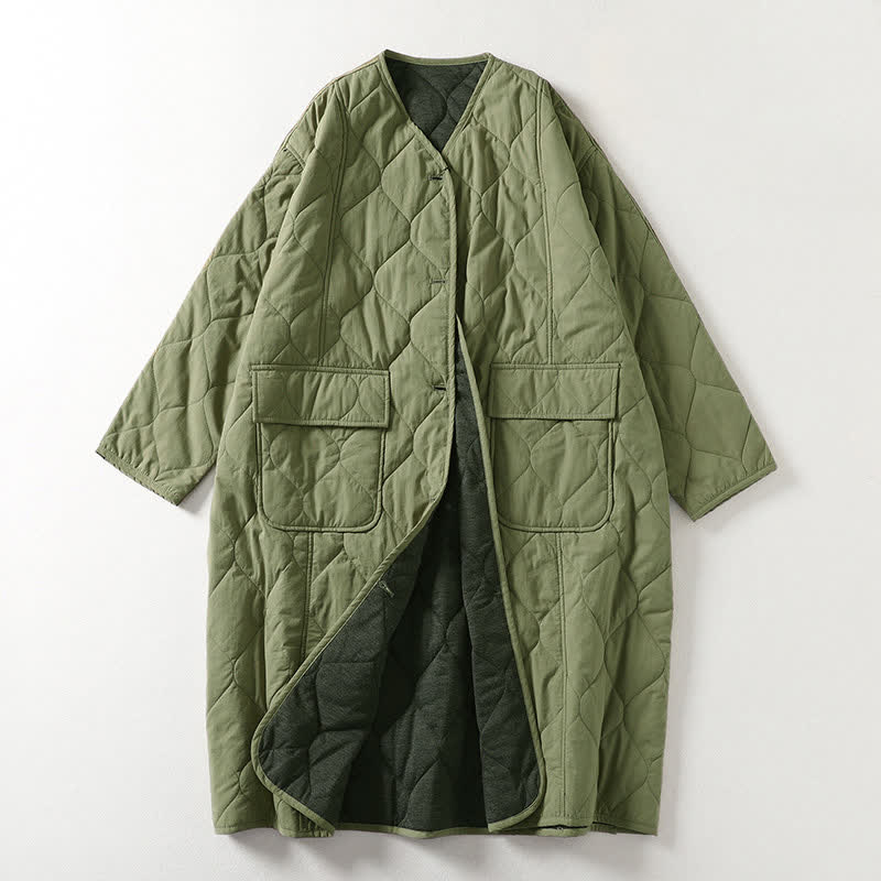 Buddha Stones Plain Buttons V-Neck Long Sleeve Women's Cotton Coat With Pockets - DarkSeaGreen - US14，UK/AU18，EU46 (2XL) - image 6