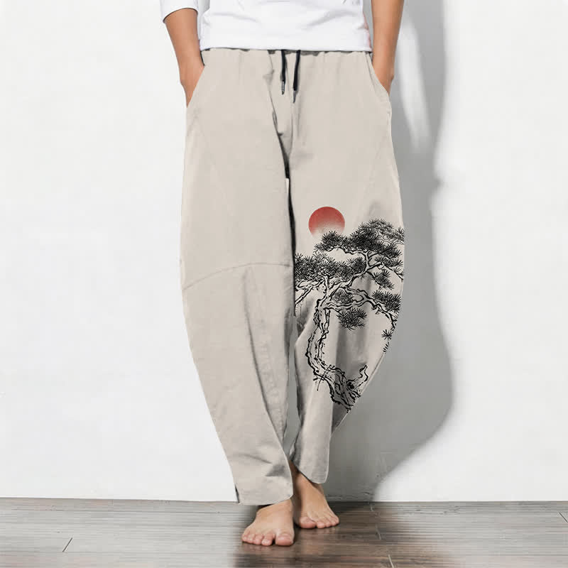 Buddha Stones Pure Cotton Ink Pine Tree Red Sun Pattern Drawstring Men's Tapered Pants With Pockets - Linen - US/UK/AU50，EU60 (5XL) - image 0