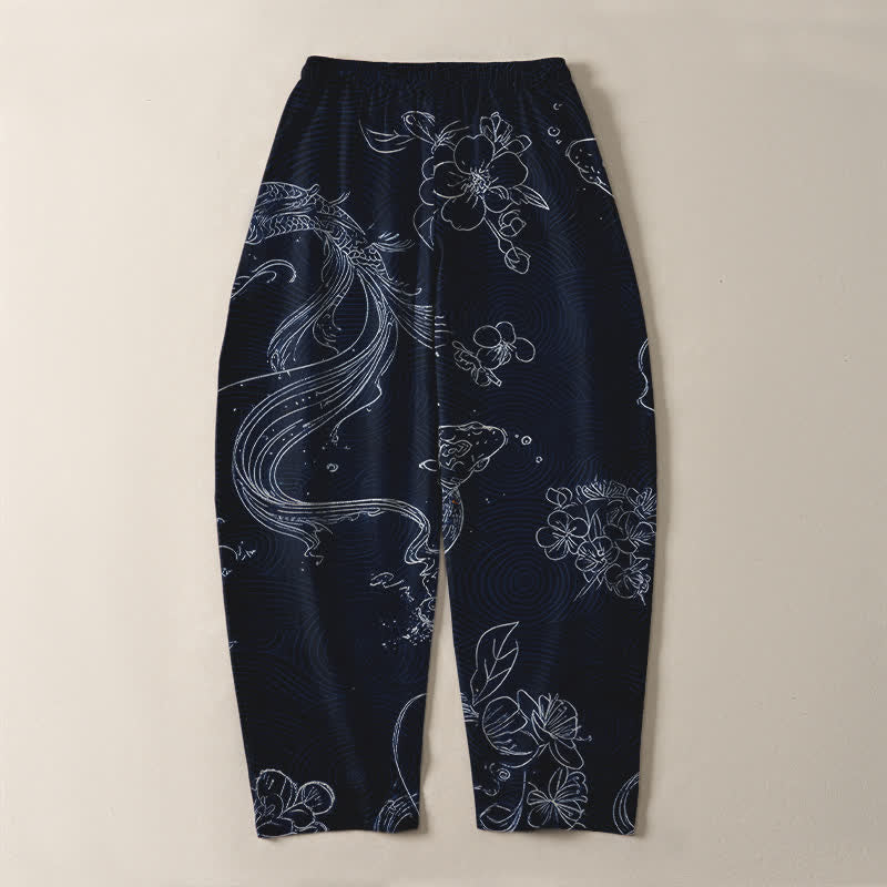 Buddha Stones Pure Cotton Koi Floral Wave Pattern Drawstring Men's Tapered Pants With Pockets - image 14