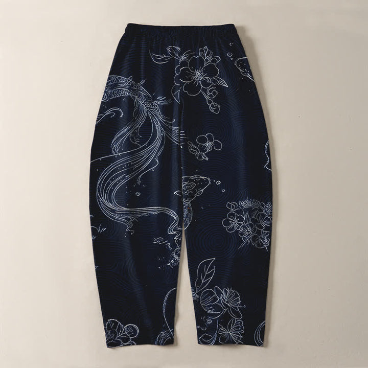 Buddha Stones Pure Cotton Koi Floral Wave Pattern Drawstring Men's Tapered Pants With Pockets - image 14