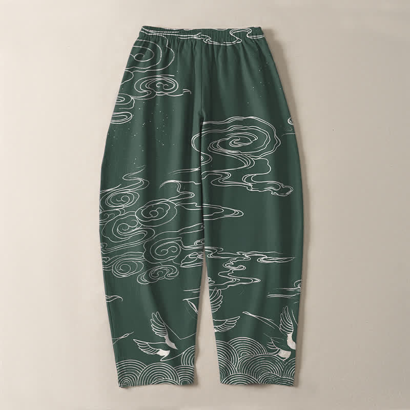 Buddha Stones Pure Cotton Auspicious Cloud Crane Pattern Drawstring Men's Tapered Pants With Pockets - image 3