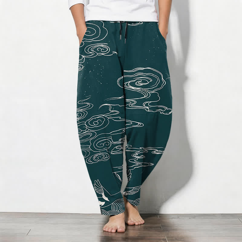 Buddha Stones Pure Cotton Auspicious Cloud Crane Pattern Drawstring Men's Tapered Pants With Pockets - Teal - US/UK/AU50，EU60 (5XL) - image 11