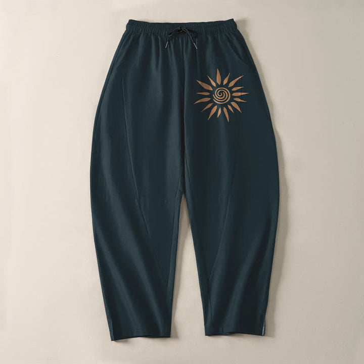 Buddha Stones Pure Cotton Sun Spiral Pattern Drawstring Men's Tapered Pants With Pockets - image 9