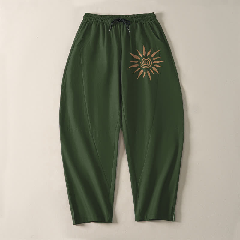 Buddha Stones Pure Cotton Sun Spiral Pattern Drawstring Men's Tapered Pants With Pockets - image 13