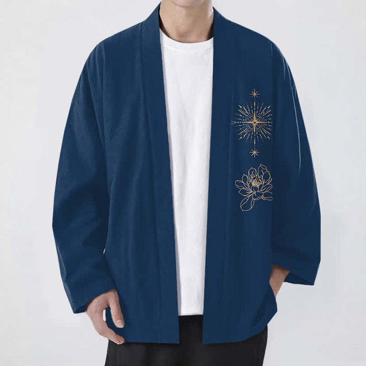 Buddha Stones Cotton Radiant Lotus Starburst Pattern Open Front Men's Kimono - Navy - US/UK/AU48，EU58 (4XL) - image 6