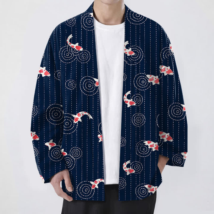 Buddha Stones Cotton Koi Ripple Pattern Open Front Men's Kimono - Navy - US/UK/AU48，EU58 (4XL) - image 0