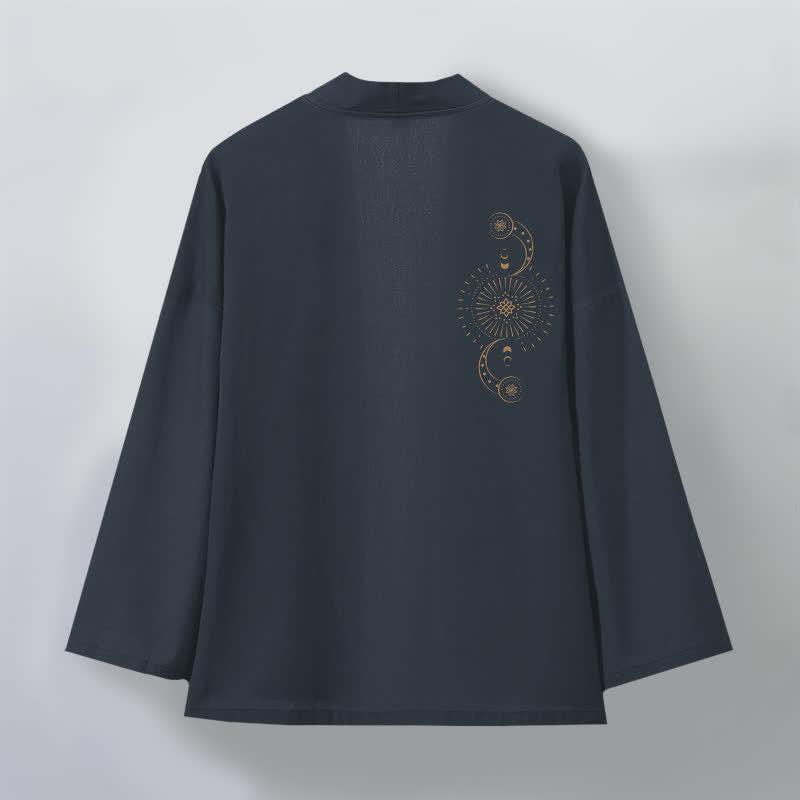 Buddha Stones Cotton Celestial Moon Phase Sun Pattern Open Front Men's Kimono - image 2