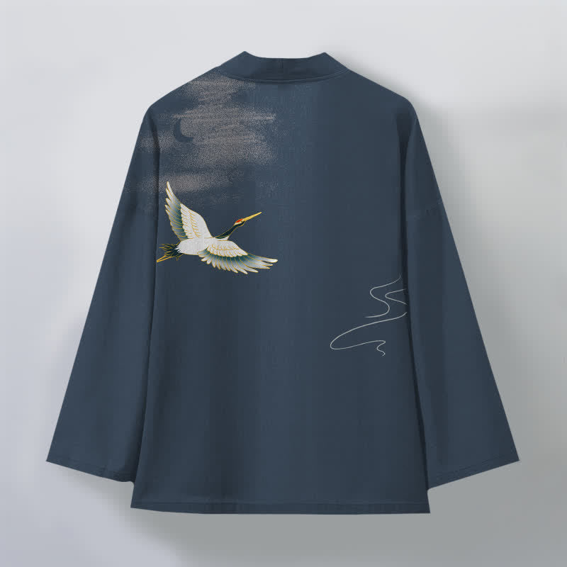Buddha Stones Cotton Crane Moon Waves Pattern Open Front Men's Kimono - image 2