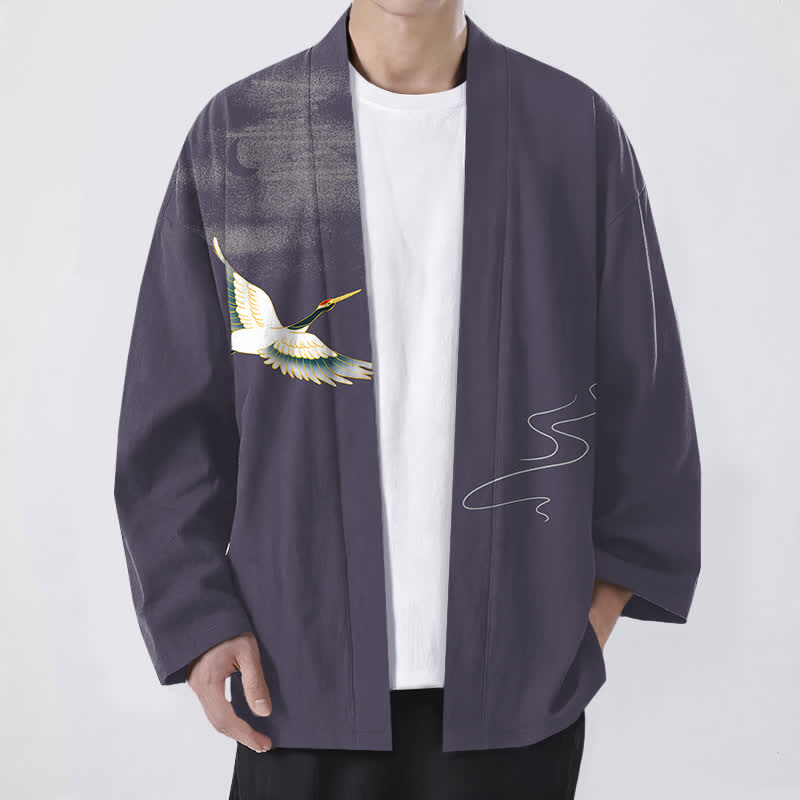 Buddha Stones Cotton Crane Moon Waves Pattern Open Front Men's Kimono - MediumPurple - US/UK/AU48，EU58 (4XL) - image 6