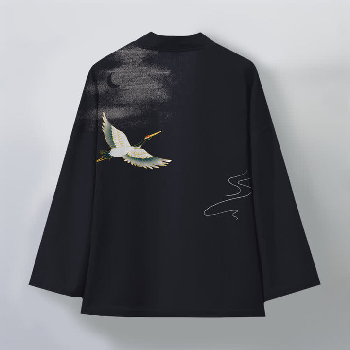 Buddha Stones Cotton Crane Moon Waves Pattern Open Front Men's Kimono - image 11