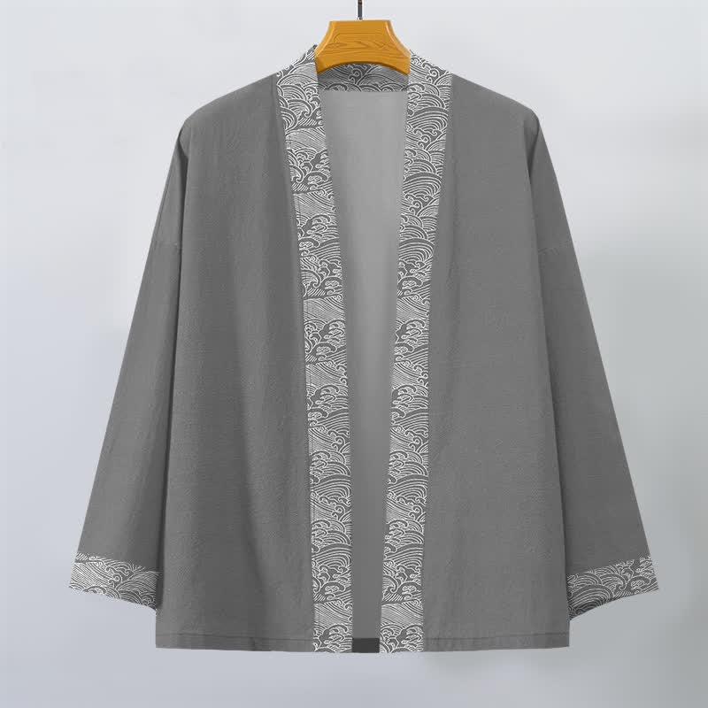 Buddha Stones Cotton Ocean Wave Trim Pattern Open Front Men's Kimono - image 7