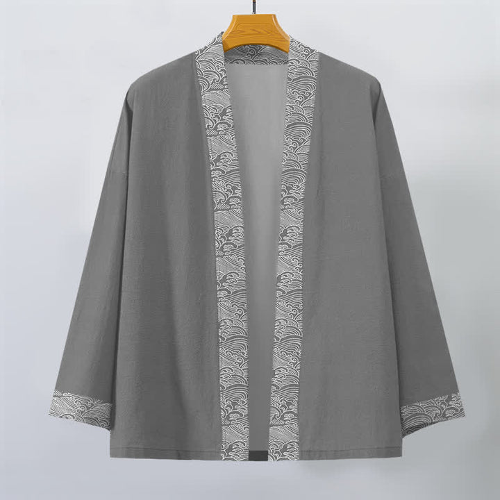 Buddha Stones Cotton Ocean Wave Trim Pattern Open Front Men's Kimono - image 7