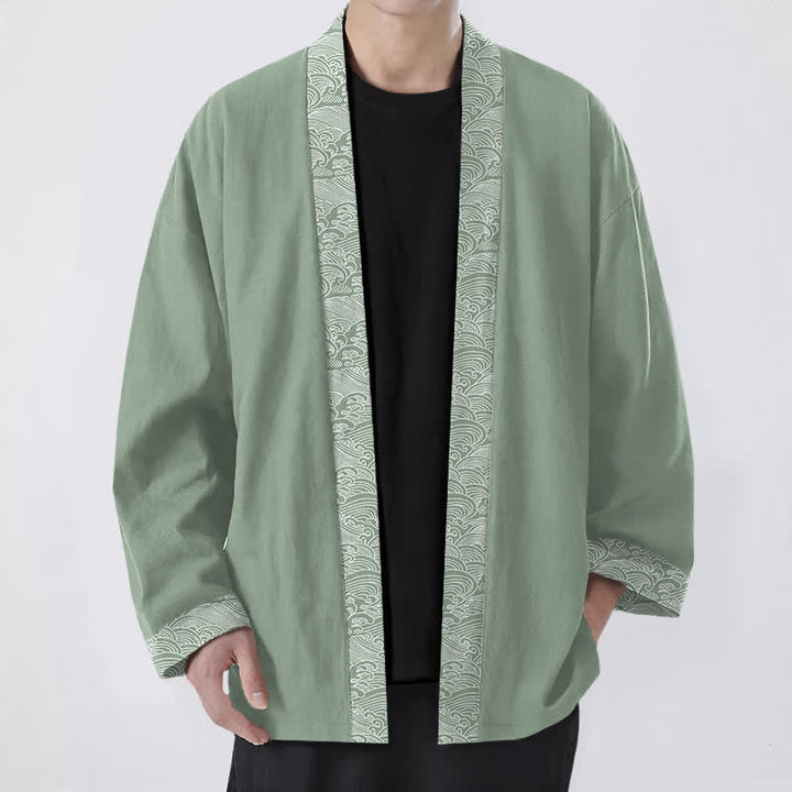 Buddha Stones Cotton Ocean Wave Trim Pattern Open Front Men's Kimono - DarkSeaGreen - US/UK/AU48，EU58 (4XL) - image 9