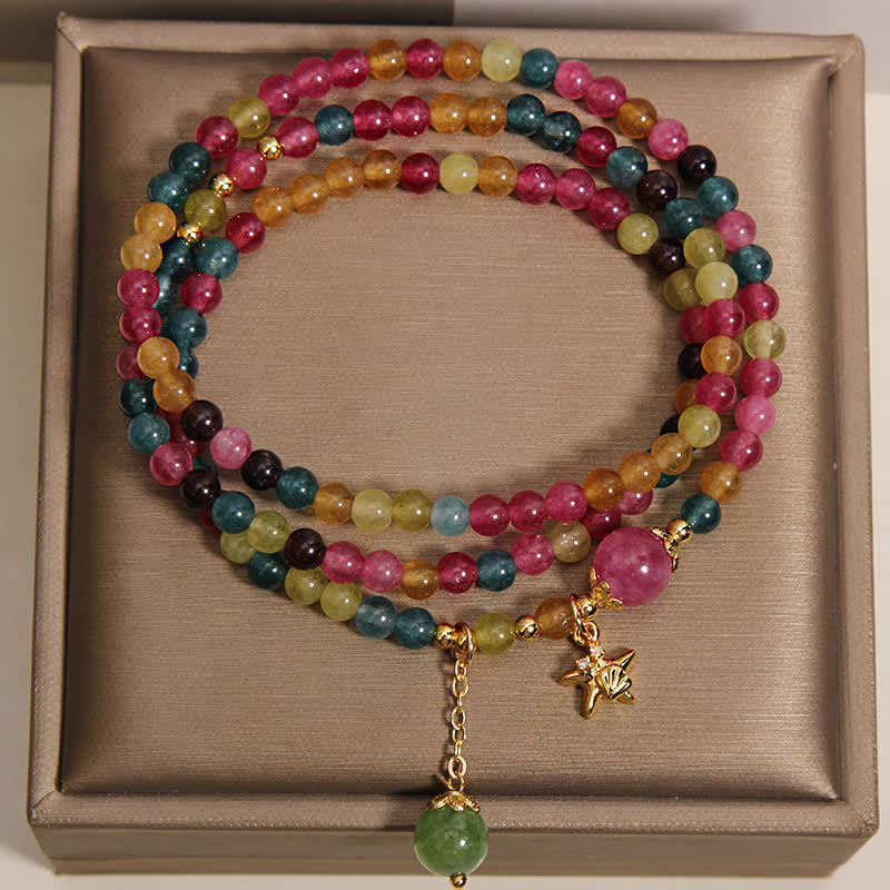 Buddha Stones Rainbow Tourmaline Starfish Charm Protection Triple Wrap Bracelet - image 1
