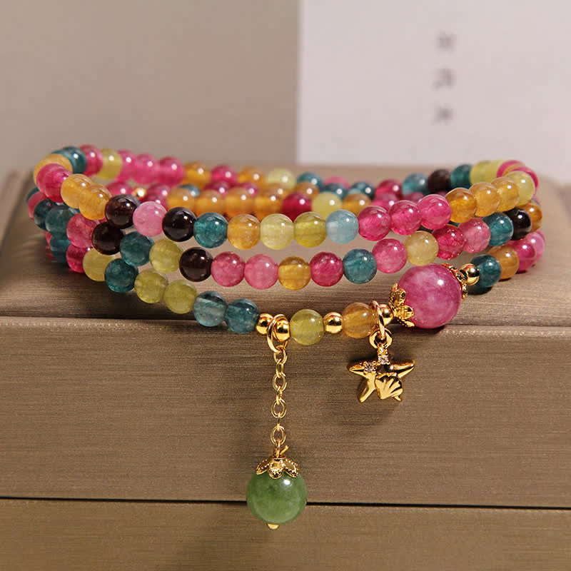 Buddha Stones Rainbow Tourmaline Starfish Charm Protection Triple Wrap Bracelet - image 6
