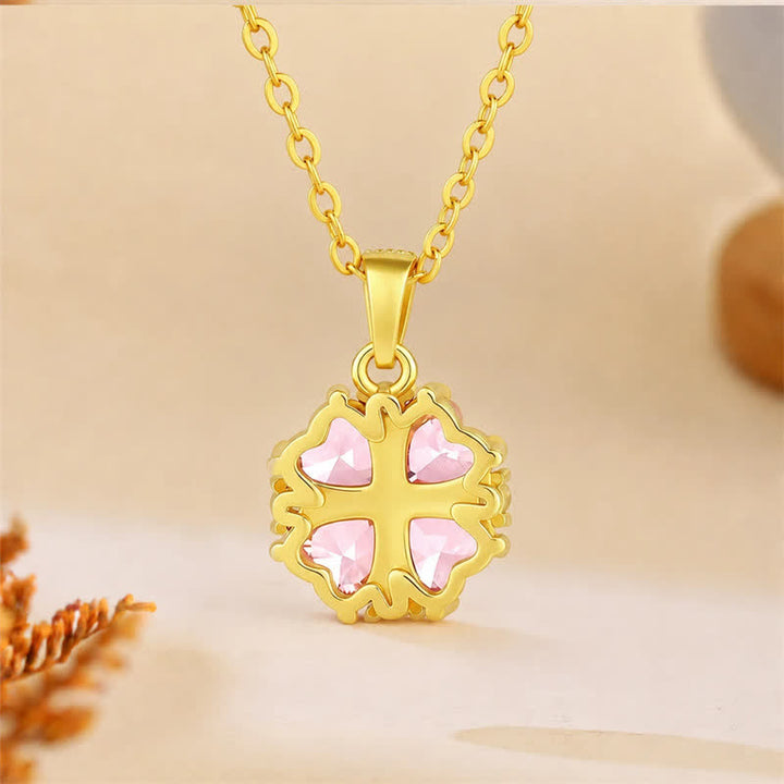 Buddha Stones Copper Pink Clover Inlaid Zircon Harmonic Connection Necklace - image 2