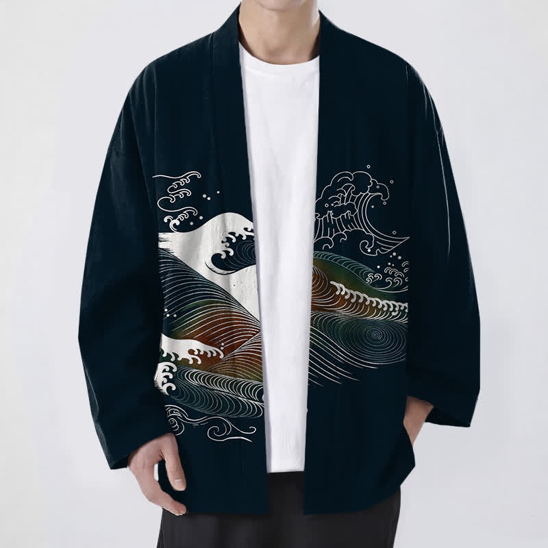 Buddha Stones Cotton Flowing Ocean Wave Pattern Open Front Men's Kimono - Black - US/UK/AU48，EU58 (4XL) - image 0