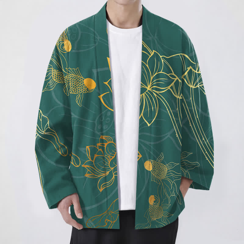 Buddha Stones Cotton Koi Lotus Pattern Open Front Men's Kimono - MediumSeaGreen - US/UK/AU48，EU58 (4XL) - image 0