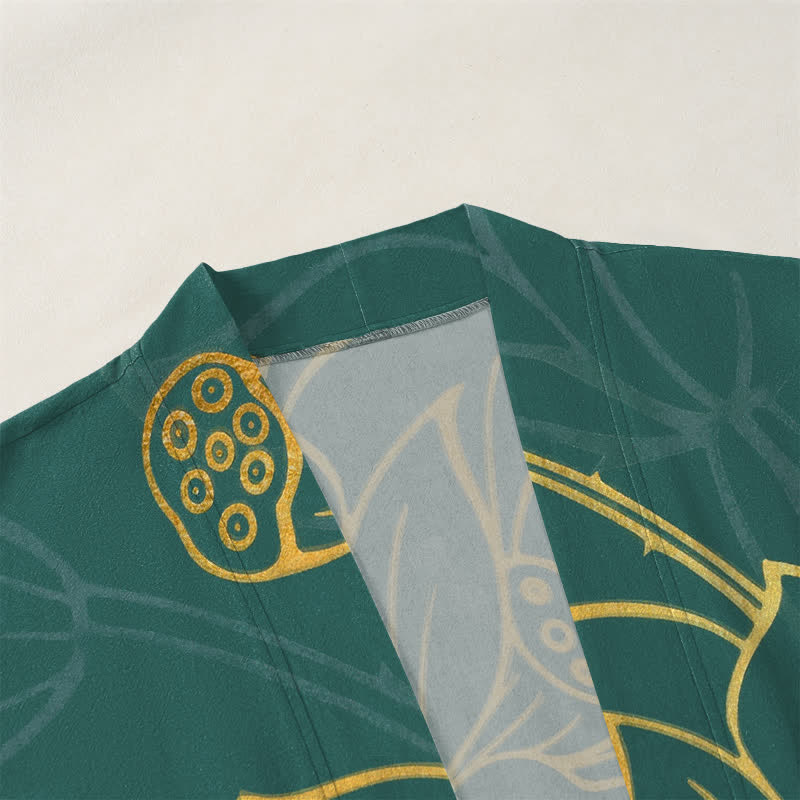 Buddha Stones Cotton Koi Lotus Pattern Open Front Men's Kimono - image 3