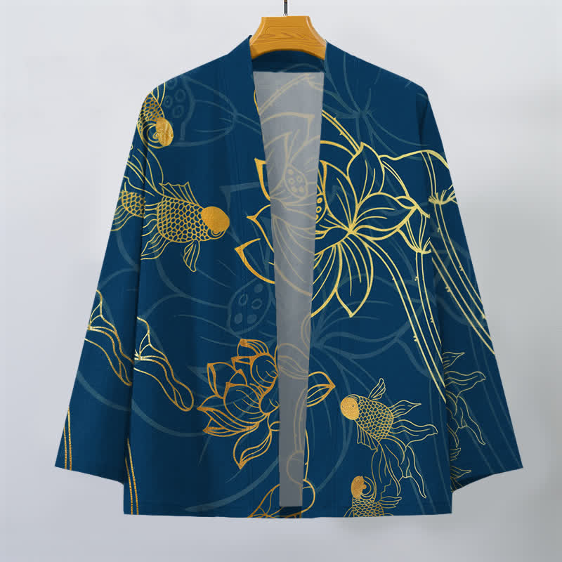 Buddha Stones Cotton Koi Lotus Pattern Open Front Men's Kimono - image 7