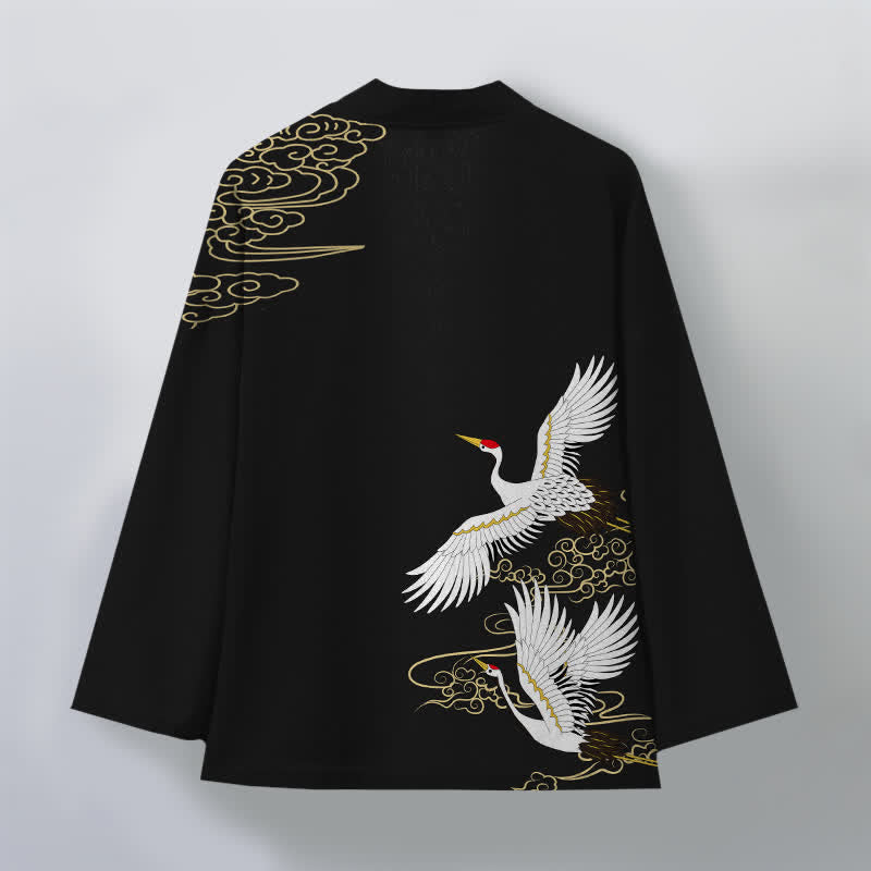 Buddha Stones Cotton White Crane Auspicious Cloud Pattern Open Front Men's Kimono - image 2