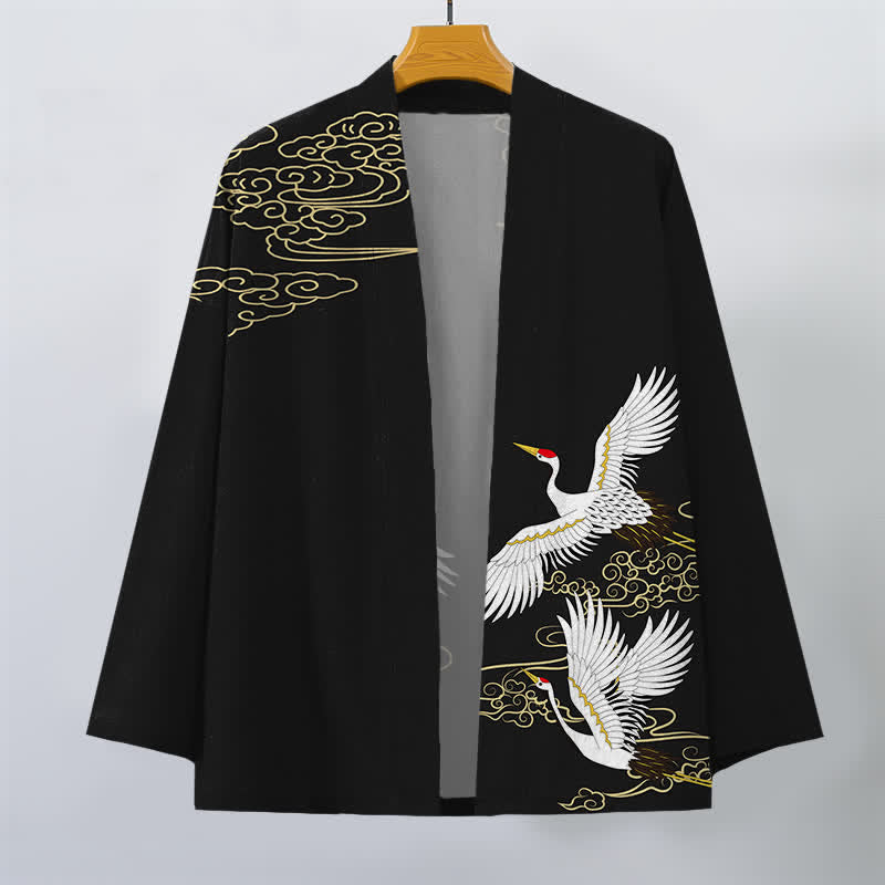 Buddha Stones Cotton White Crane Auspicious Cloud Pattern Open Front Men's Kimono - image 1