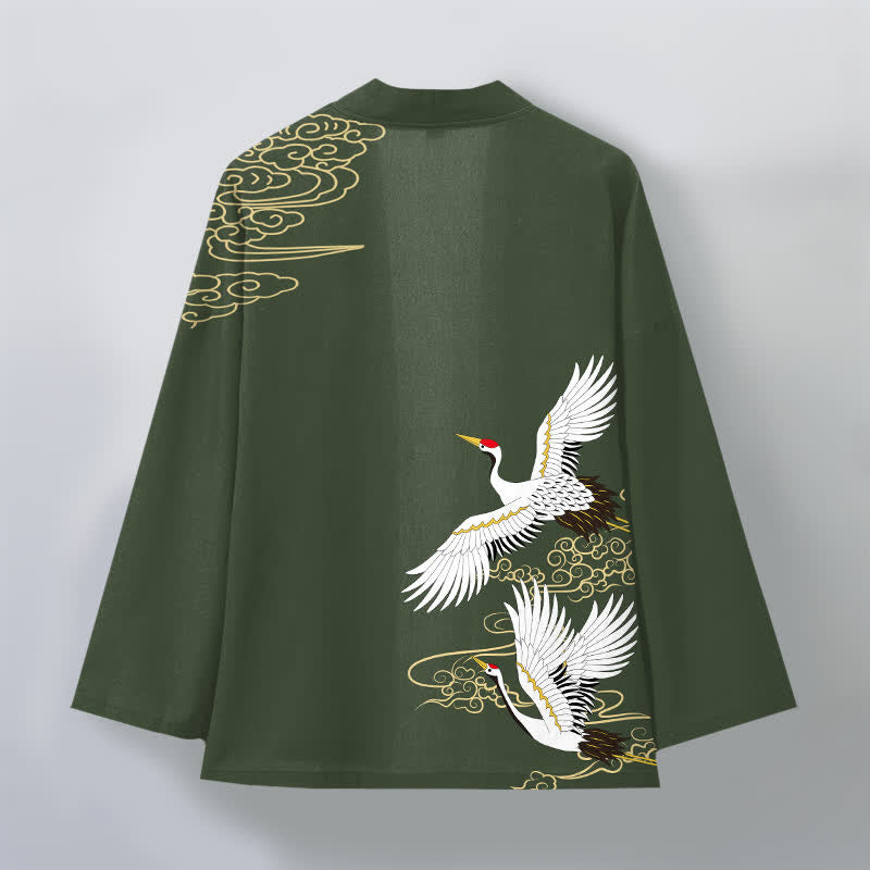 Buddha Stones Cotton White Crane Auspicious Cloud Pattern Open Front Men's Kimono - image 8