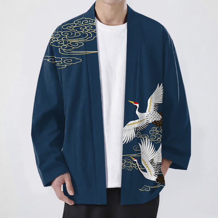 Buddha Stones Cotton White Crane Auspicious Cloud Pattern Open Front Men's Kimono - Navy - US/UK/AU48，EU58 (4XL) - image 9