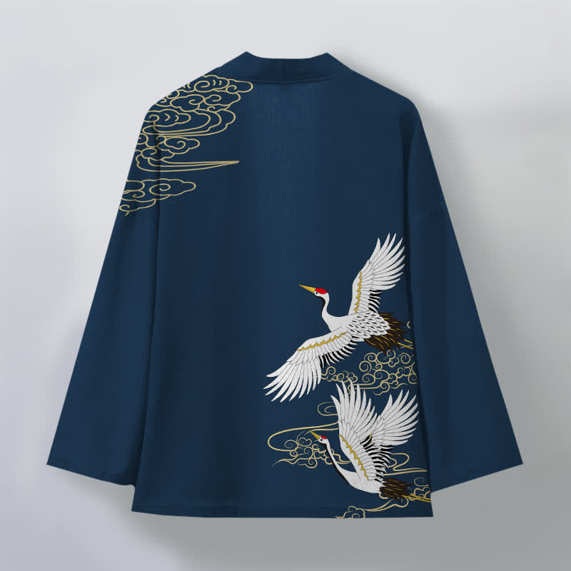 Buddha Stones Cotton White Crane Auspicious Cloud Pattern Open Front Men's Kimono - image 11