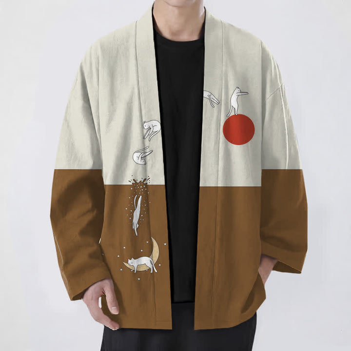 Buddha Stones Cotton Cat Sun Crescent Pattern Open Front Men's Kimono - Peru - US/UK/AU48，EU58 (4XL) - image 6