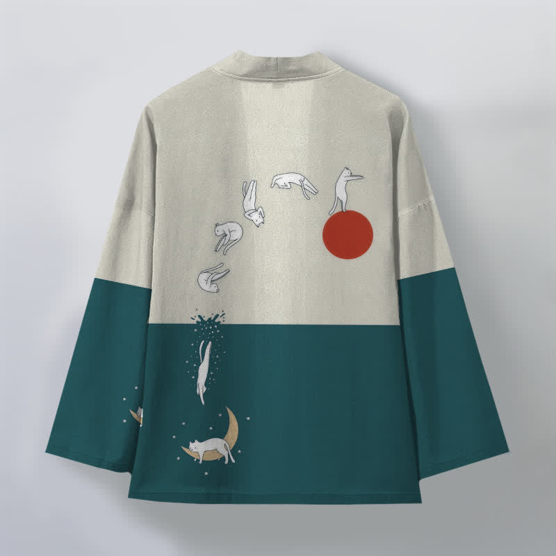 Buddha Stones Cotton Cat Sun Crescent Pattern Open Front Men's Kimono - image 11