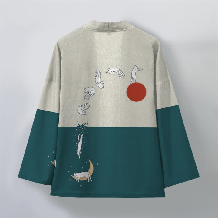 Buddha Stones Cotton Cat Sun Crescent Pattern Open Front Men's Kimono - image 11