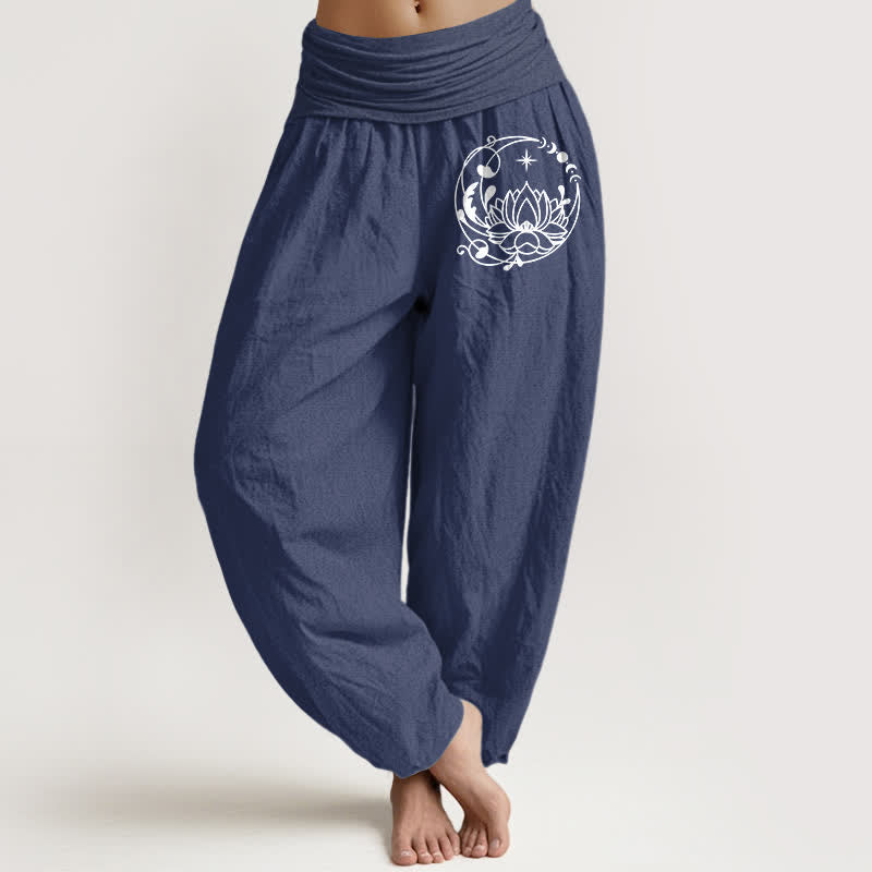Buddha Stones Pure Cotton Zen Lotus Circle Pattern Women's Elastic Waist Harem Pants - DarkSlateBlue - US16，UK/AU20，EU48 (3XL) - image 0