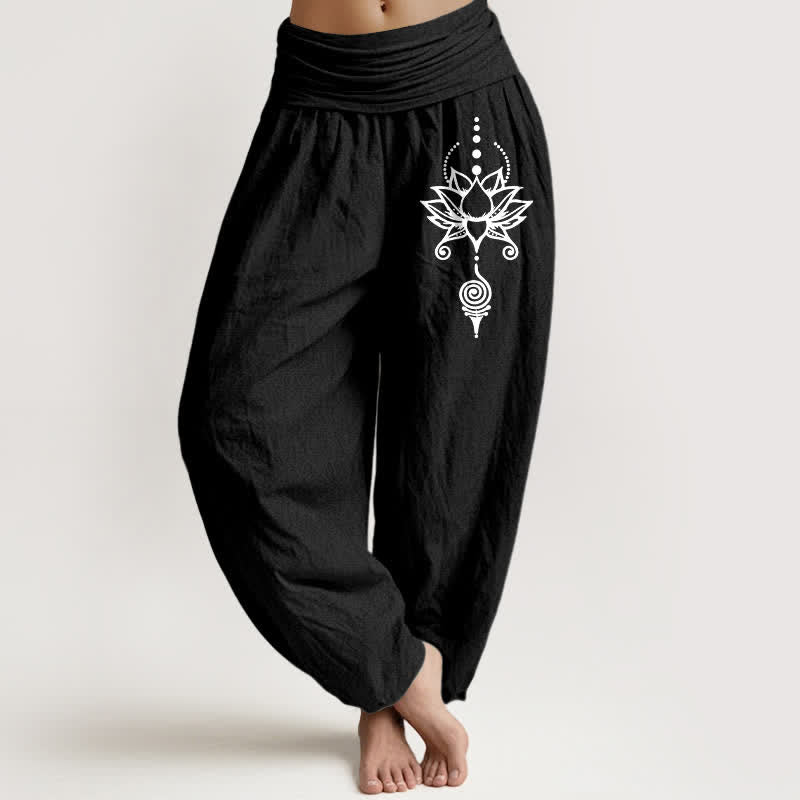 Buddha Stones Pure Cotton Zen Lotus Geometry Pattern Women's Elastic Waist Harem Pants - Black - US16，UK/AU20，EU48 (3XL) - image 5
